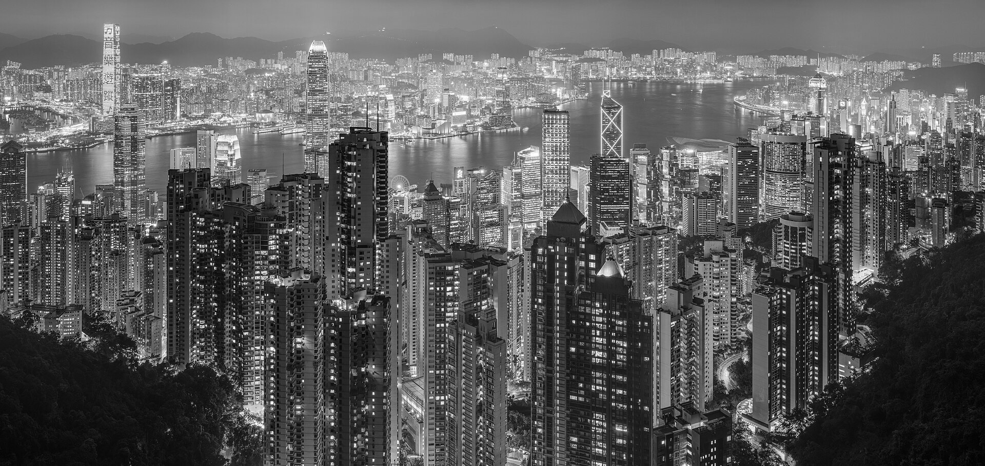 Hong Kong skyline and Victoria Harbour at night, seen from Victoria Peak